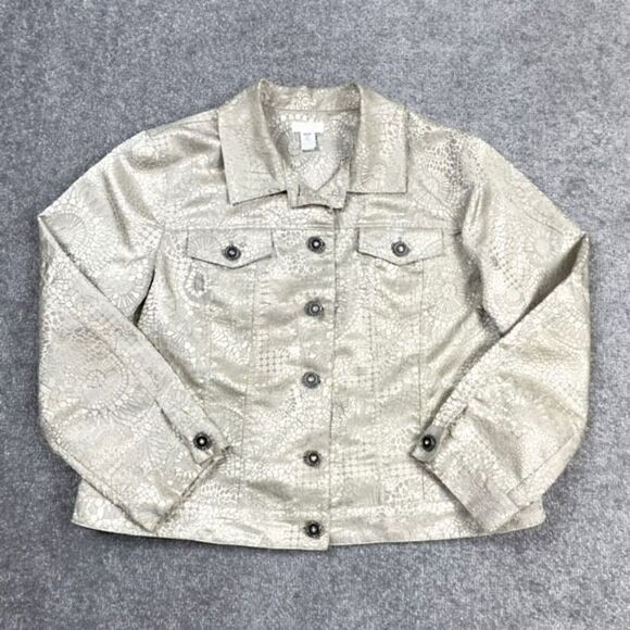 Chicos Women’s Size 2 Large Beige Button Front Jacket Floral Print Shimmer - Picture 1 of 4